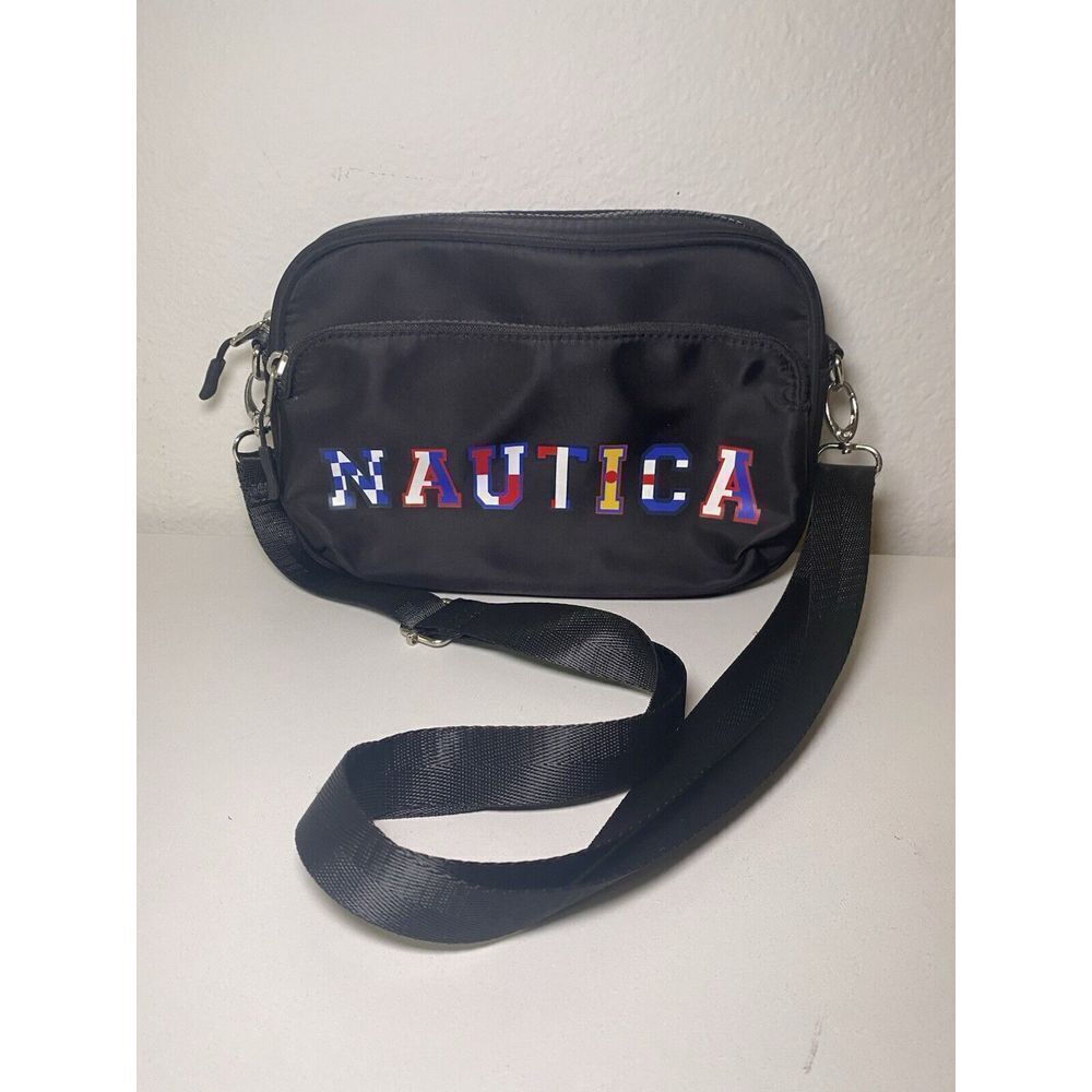 Nautica belt bag or crossbody Navy multi colored letters red zipper